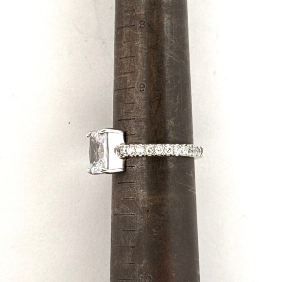 Princess Cut Sterling Silver 925 Engagement Ring with CZ & Pave Band Size 10 - Picture 5 of 9